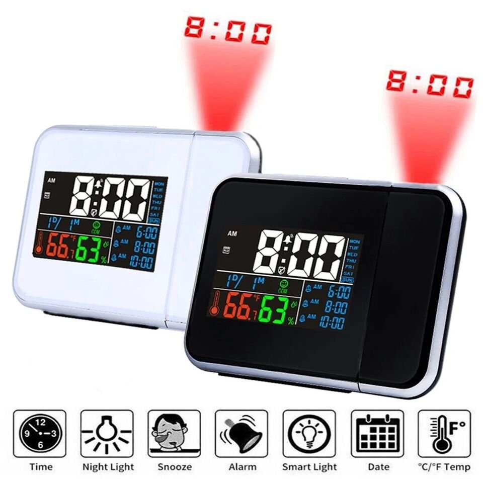 LED Digital Projection Alarm Time Clock Snooze Weather Thermometer LCD Display