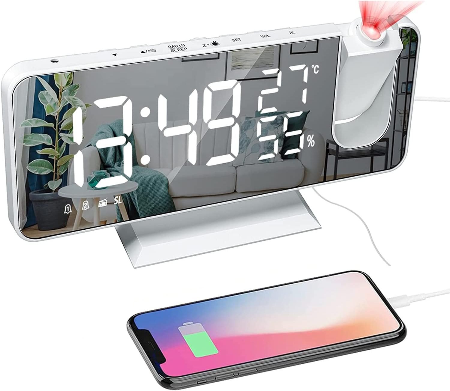LED Digital Projector Rotatable Projection Snooze Dual Alarm Clock FM Radio USB