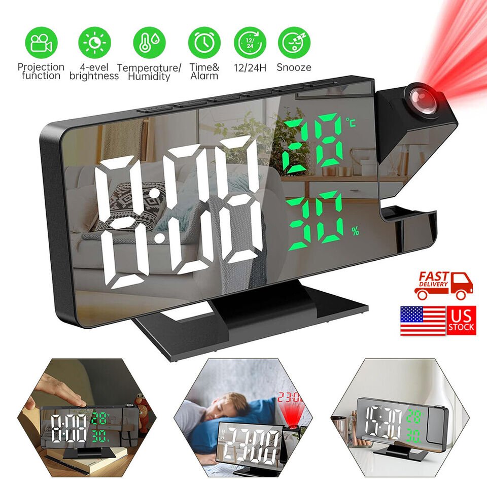 LED Projection Alarm Clock Digital Clock Projector Temperature Display Snooze