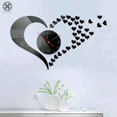 Luxtrada Heart Shaped 3 D Mirror Crystal Wall Sticker Clock DIY Acrylic Love Decals Drawing Living