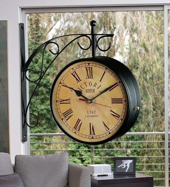 Metal Analog Vintage Railway Station Antique Style Double Sided Wall Clock