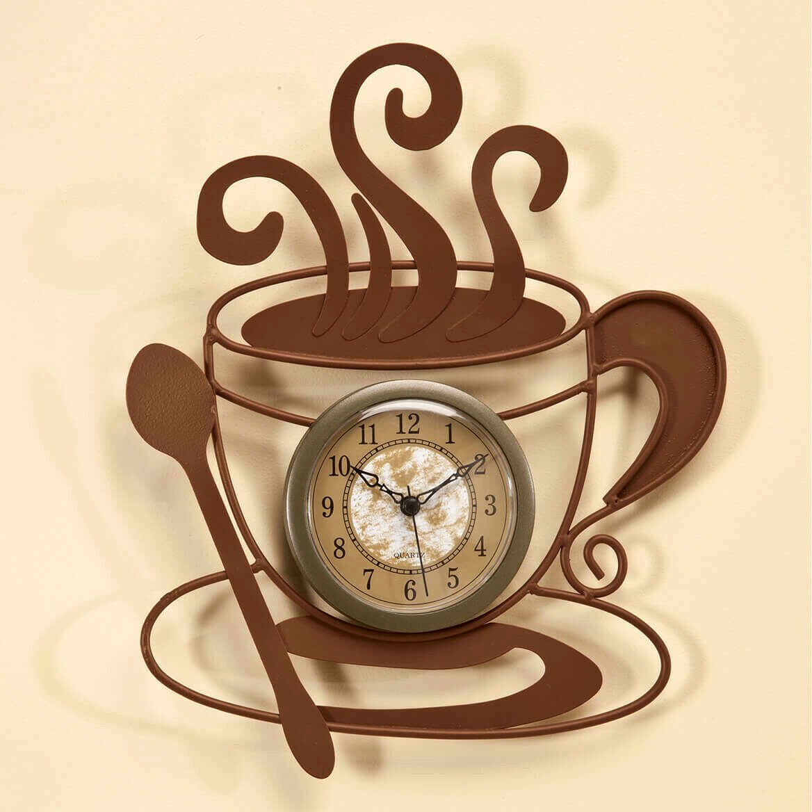 Metal Coffee Lover's Java Cup Kitchen Wall Art Hanging Brown Clock 10"H
