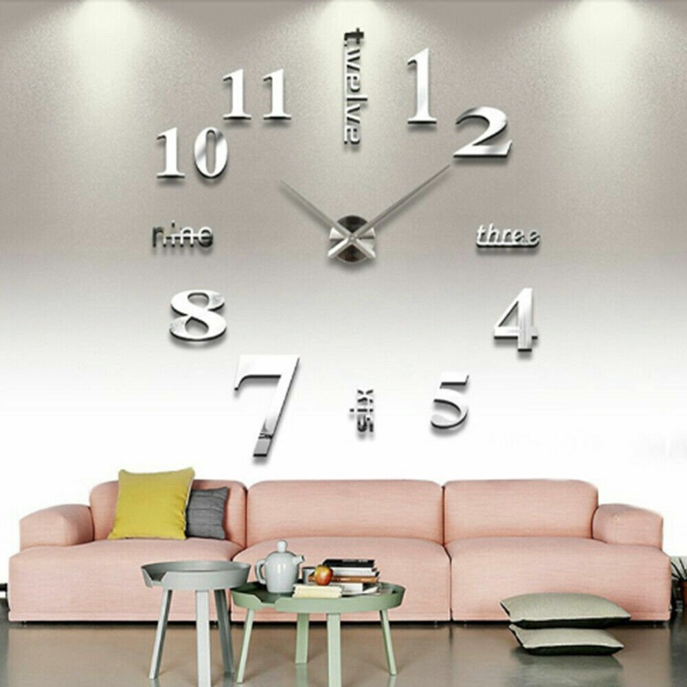 Modern Large Wall Clock 3D Mirror Sticker Unique Number Watch DIY Decor Silver