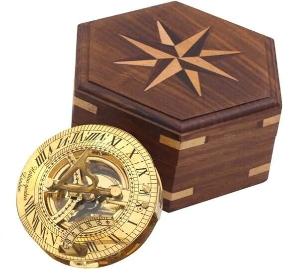 Nautical Vintage Directional Magnetic Sundial Compass With Wooden Box For Gift