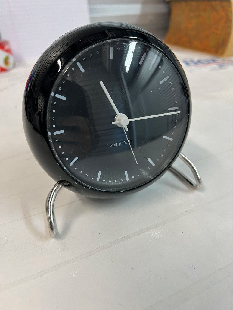 NEW Arne Jacobsen City Hall Alarm Clock Black Steel 4.3" LED Light Quartz