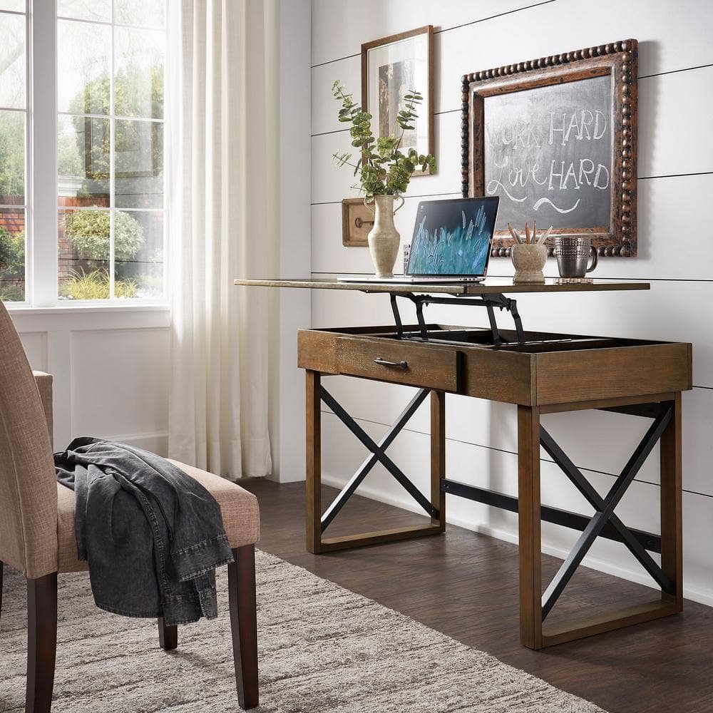 Oak Finish Lift Top Desk With One USB Charging Port And Wireless...