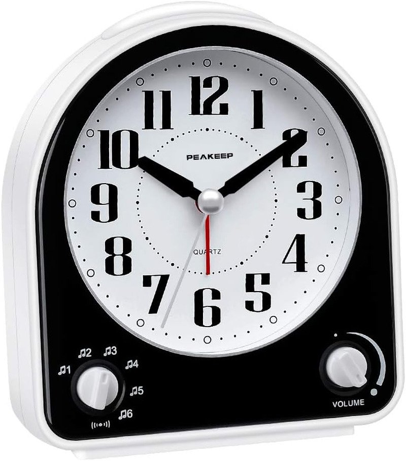 Peakeep Analog Alarm Clock Non-Ticking Silent, Optional 7 Wake-Up Sounds with Vo