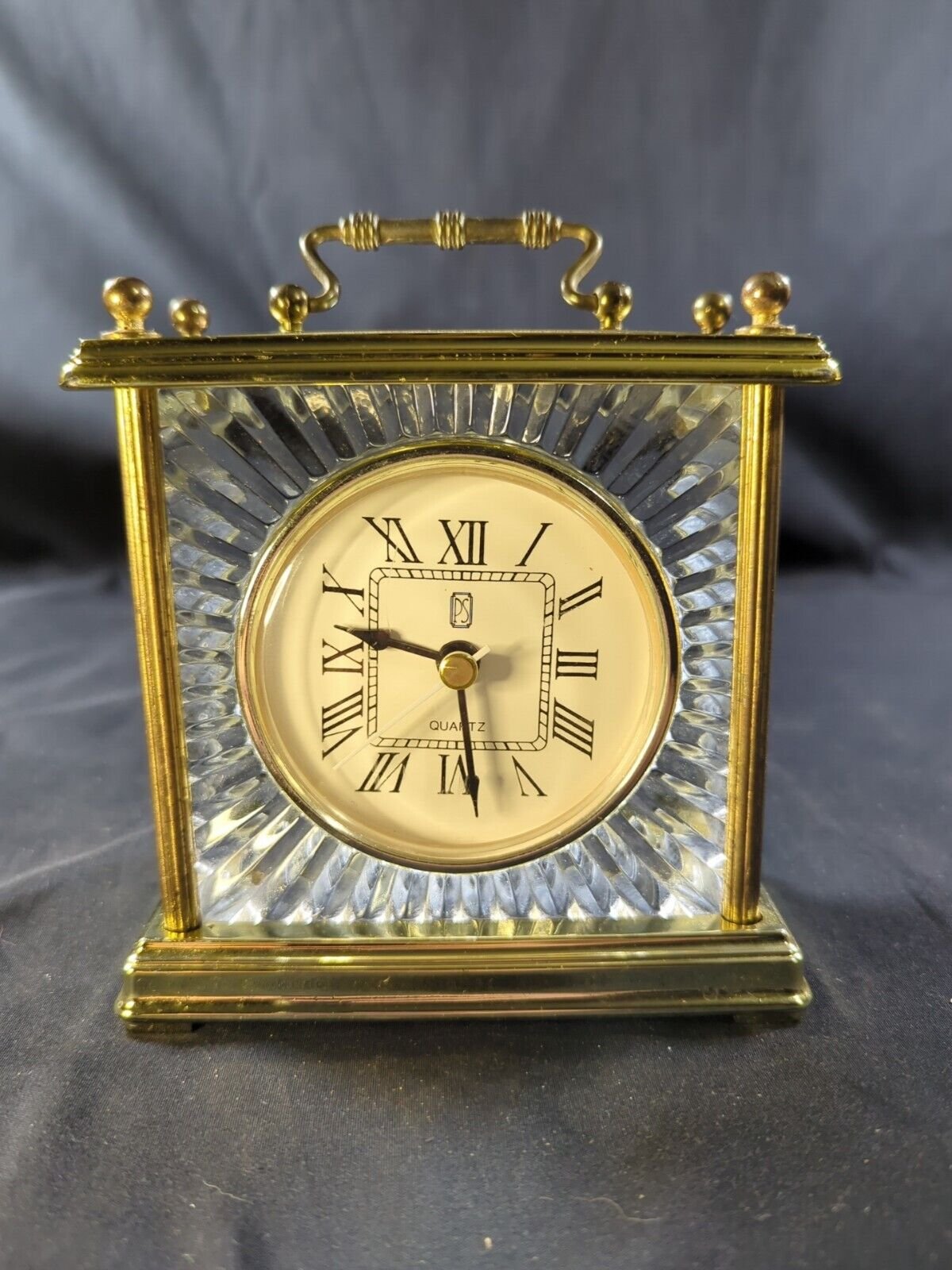 PS Solid glass block Desk Clock with brass color trim Handle Works unique Rare