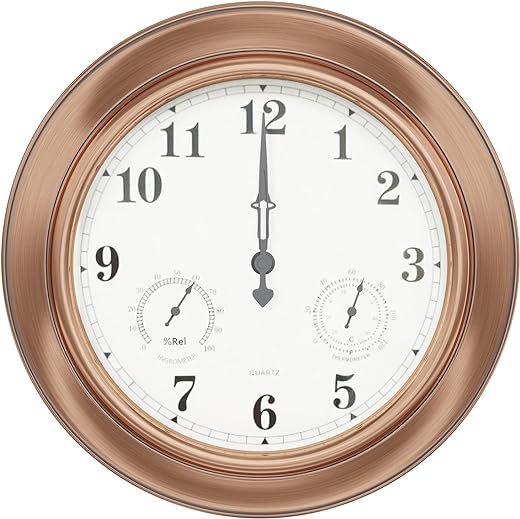 Pure Garden Patio Wall Clock Thermometer-Indoor/Outdoor Decorative 18” Quartz Battery-Powered, Waterproof, Temperature & Hygrometer Gauge (Copper)