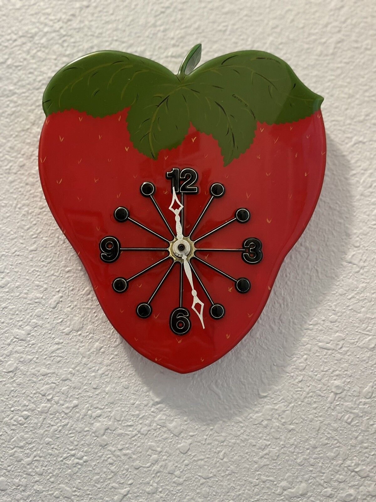 Red Strawberry Novelty Wall Clock Works! 10.5 X 9” Fruit Summer Heavy Hand Made