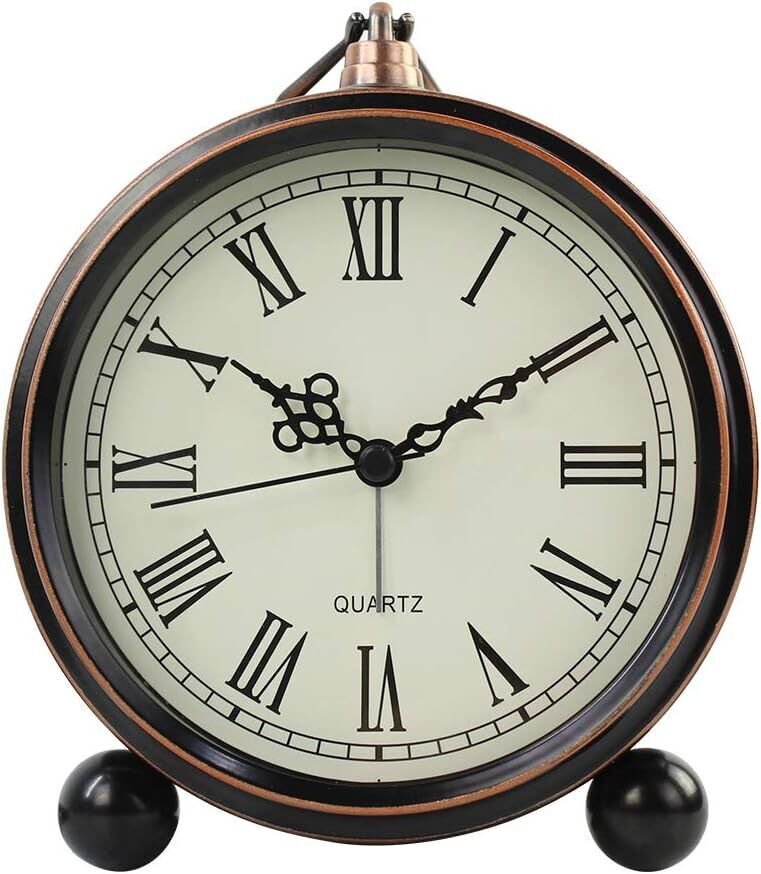 Retro Metal Table Clock Battery Operated Non-Ticking Silent Quartz Roman
