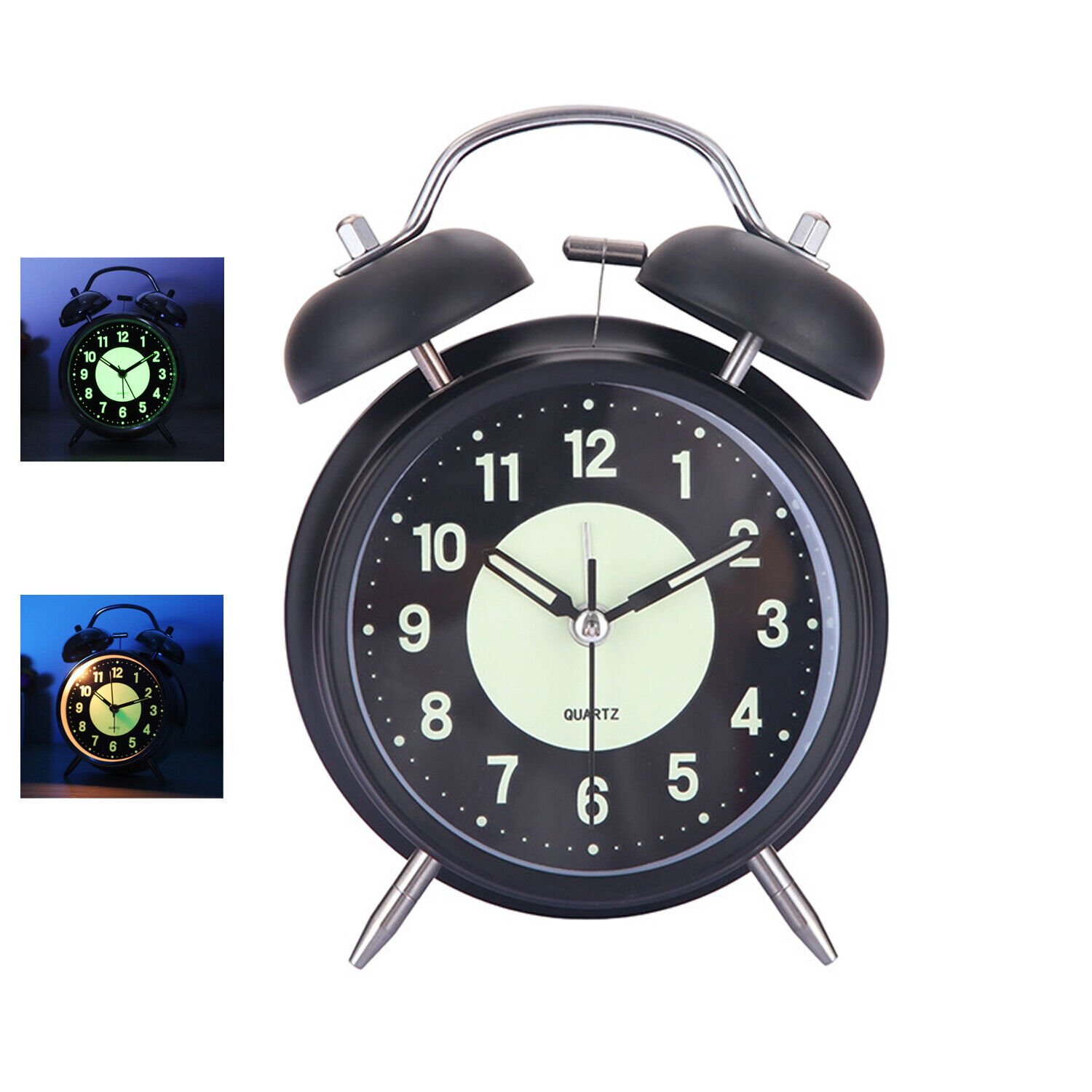 Retro Twin Bell Alarm Clock Quartz Silent Luminous Dial Nightlight Analog Clock