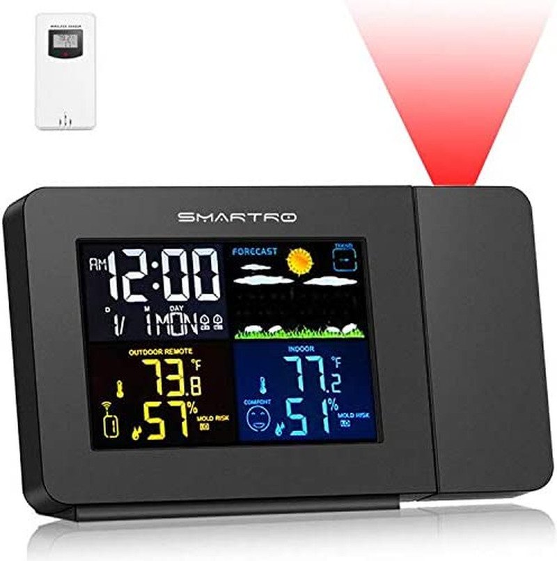 SC91 Projection Alarm Clock for Bedrooms with Weather Station, Wireless Indoor O