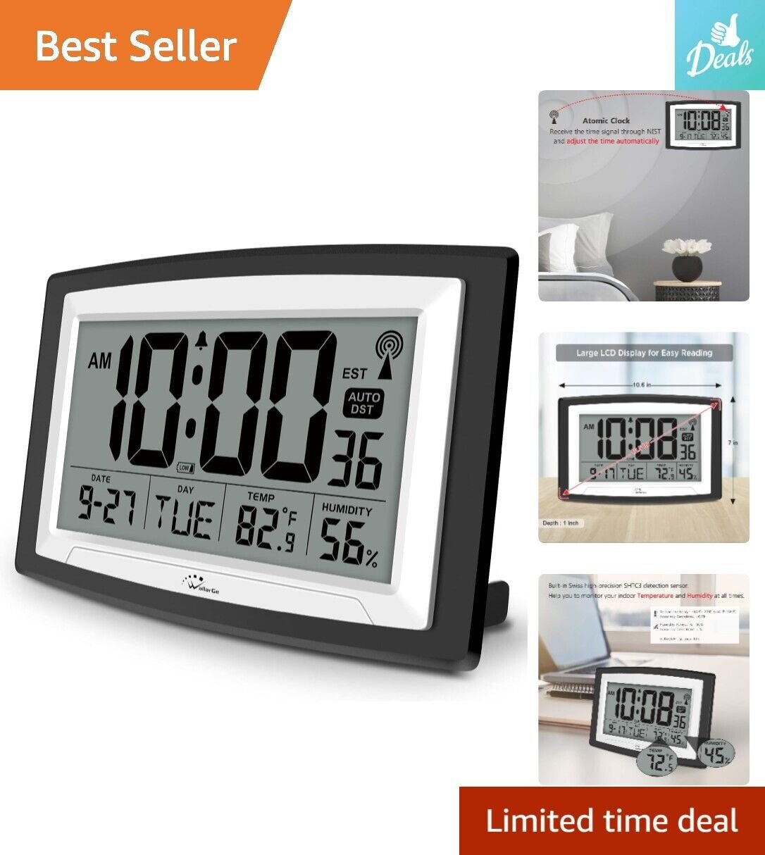 Self-Setting Atomic Clock with Large Display - Battery Operated - 12.5 Inch