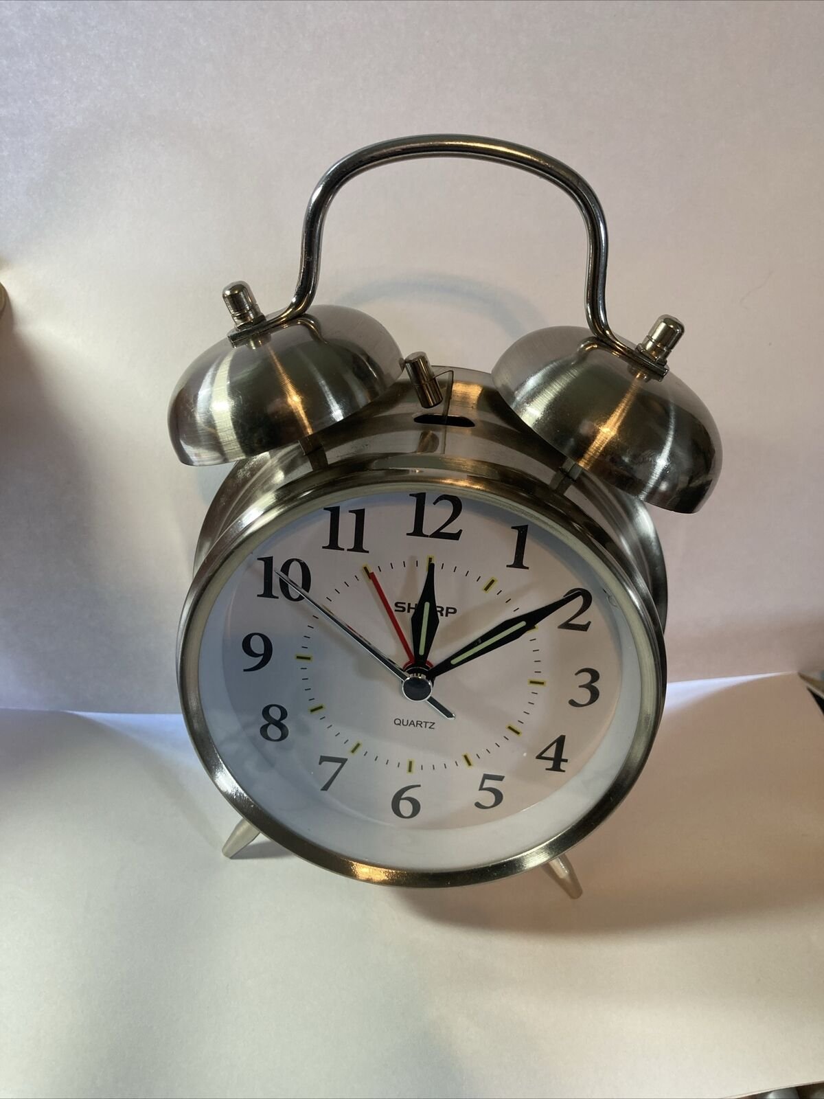 SHARP Old looking Quartz Model SPC800 Alarm Clock Silver Tone Twin Bells Light B