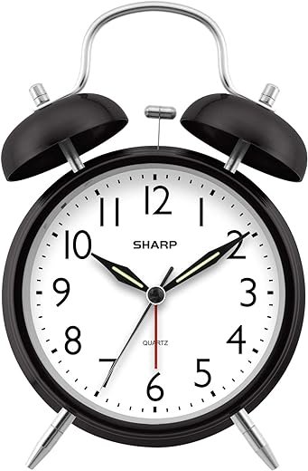 Sharp Twin Bell Alarm Clock - Loud Alarm - Great for Heavy Sleepers - Battery Operated Quartz Analog Clock (Midnight Black)