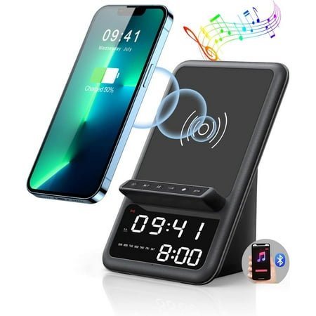 Speaker Alarm Clock,Wireless Charging Station with Bluetooth Speaker,Sleep Timer Charging Station with iPhone,Samsung,Android Phones,Music Playback, Bluetooth Connection, Phone Answering, (Black)
