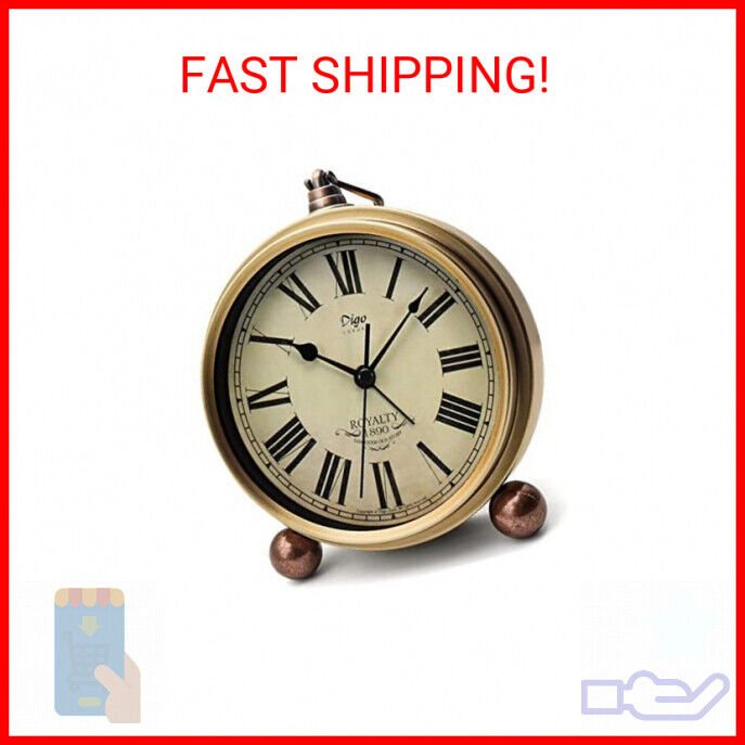 Table Clock, Golden Metal Retro Non-Ticking Alarm Clock for Bedroom, Vintage
