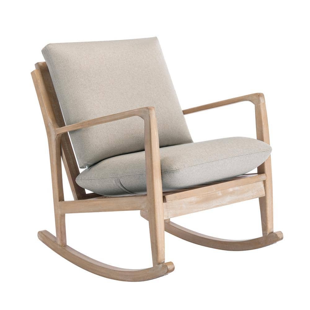 TD Garden Ergonomic Solid Wood Outdoor Rocking Chair with Beige Cushion