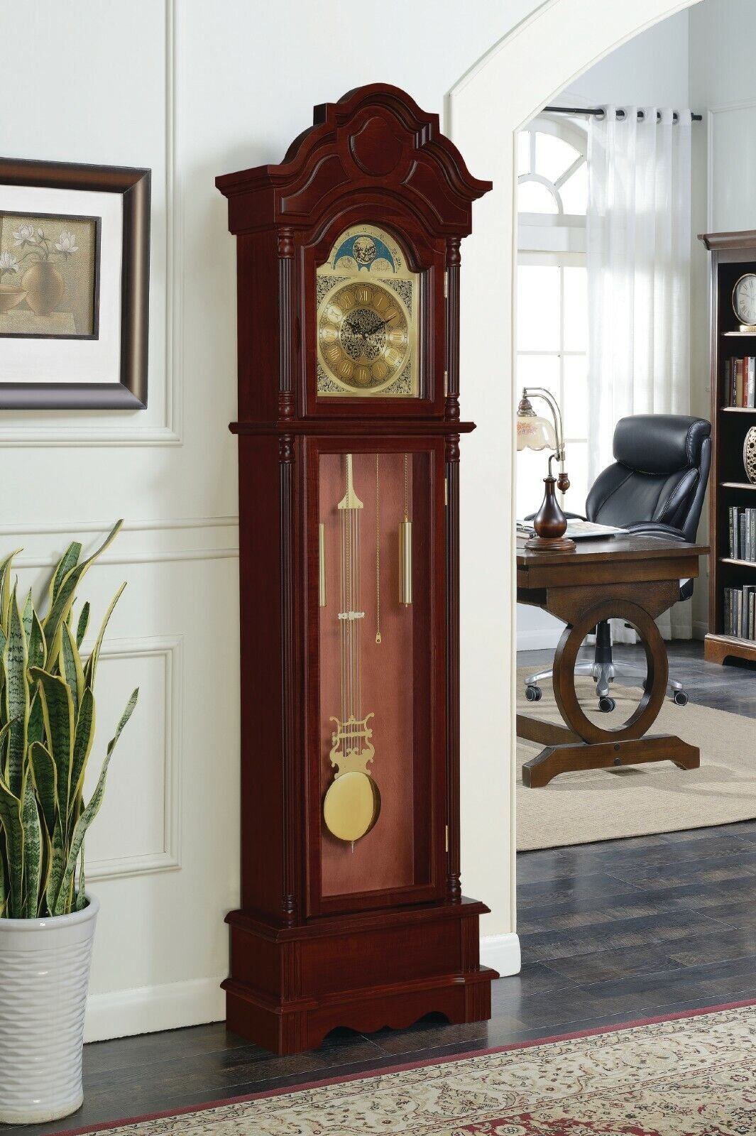 TRADITIONAL STYLE BROWN CHERRY FINISH CHIMING BATTERY POWERED GRANDFATHER CLOCK