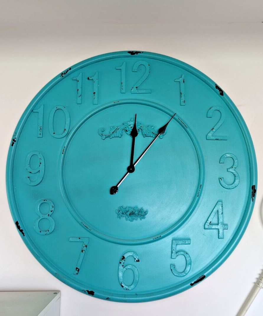 turquoise Hanging wall clock with large Arabic numbers modern decor home office