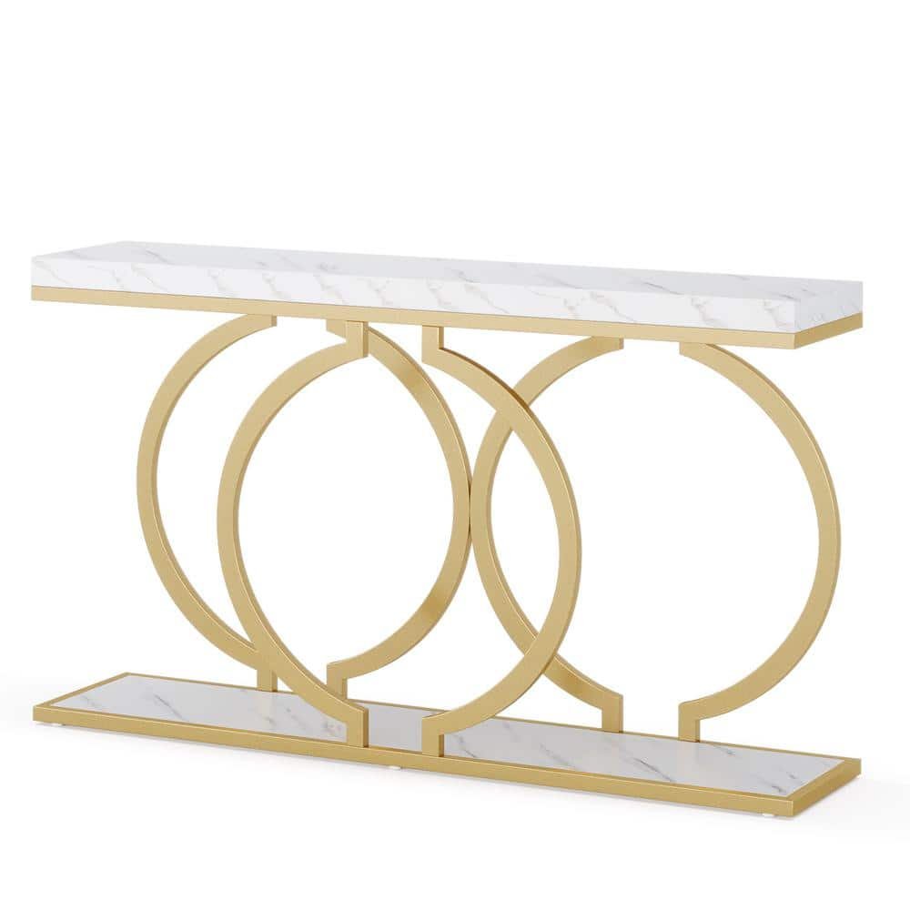 Turrella 55 in. Gold Rectangle Faux Marble Console Table, Modern Entryway Table...