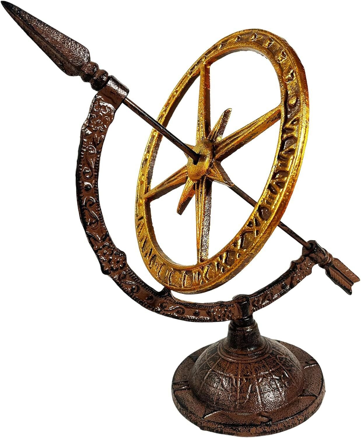 Urbalabs Iron Cast Hand Painted Golden Armillary Sundial Bronze Housing and