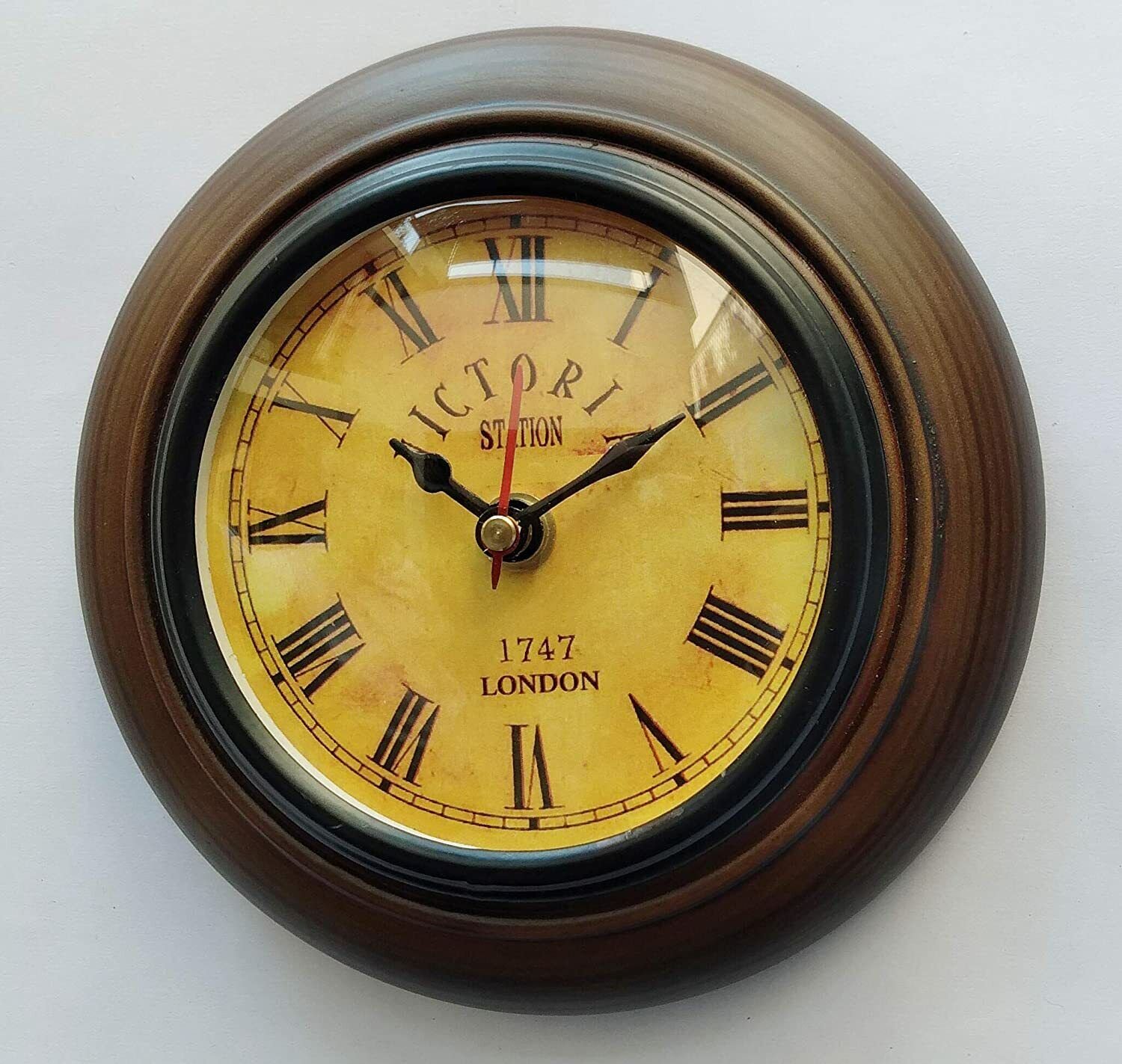 victoria Wall Clock Wooden 6 inch Antique Look deep Glass