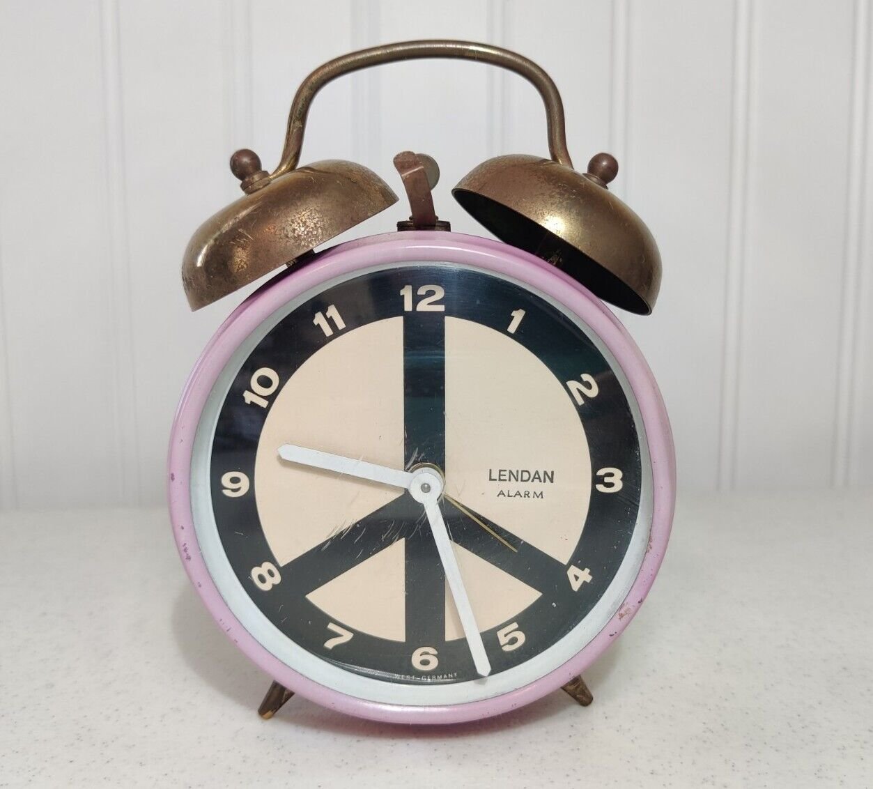 Vintage 1960s Lendan Alarm Clock Twin Bell West Germany Pink Pop Art Peace Sign