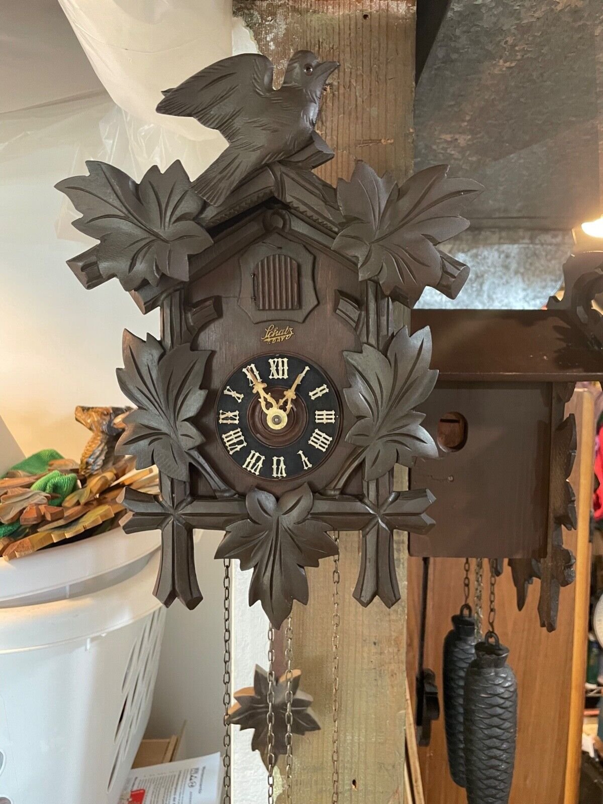Vintage 8 Day Schatz One Bird Five Leaf Black Forest German Cuckoo Clock #4