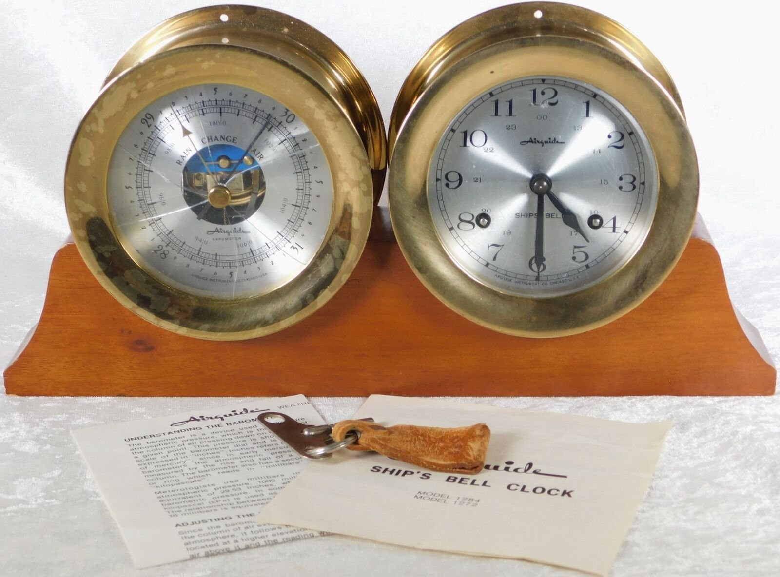 Vintage Airguide Marinetime Ships Bell Brass 8-Day Wall Clock Barometer Set Work