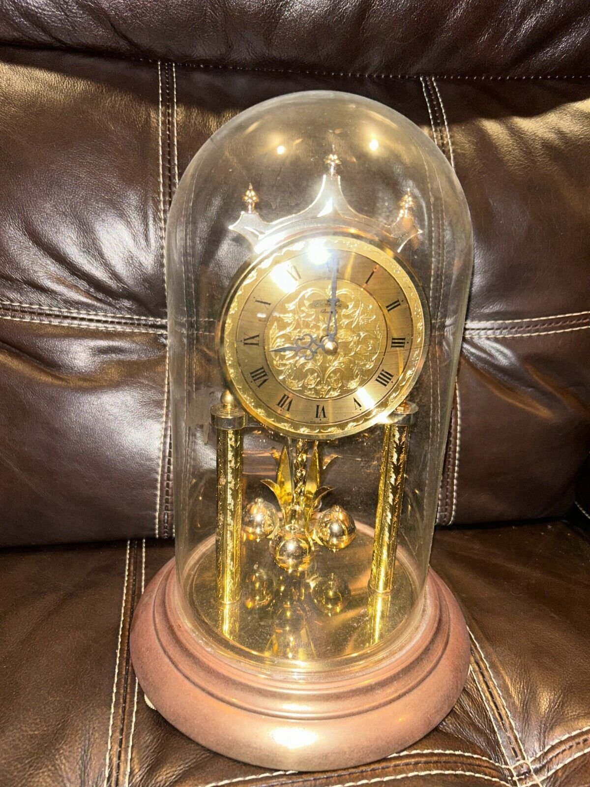 Vintage Bulova Anniversary Clock Glass Domed Wooden Base Gold Tone