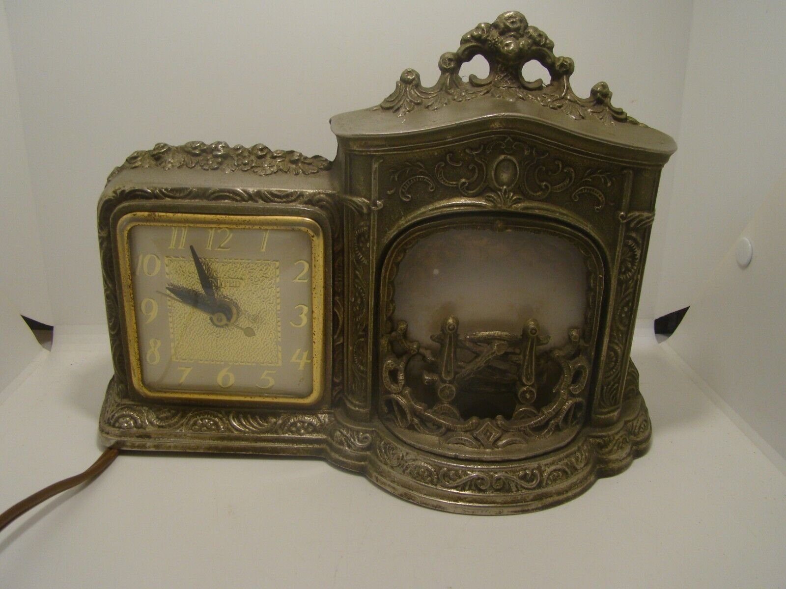 Vintage Electric Metal Table Clock with Flickering Fireplace