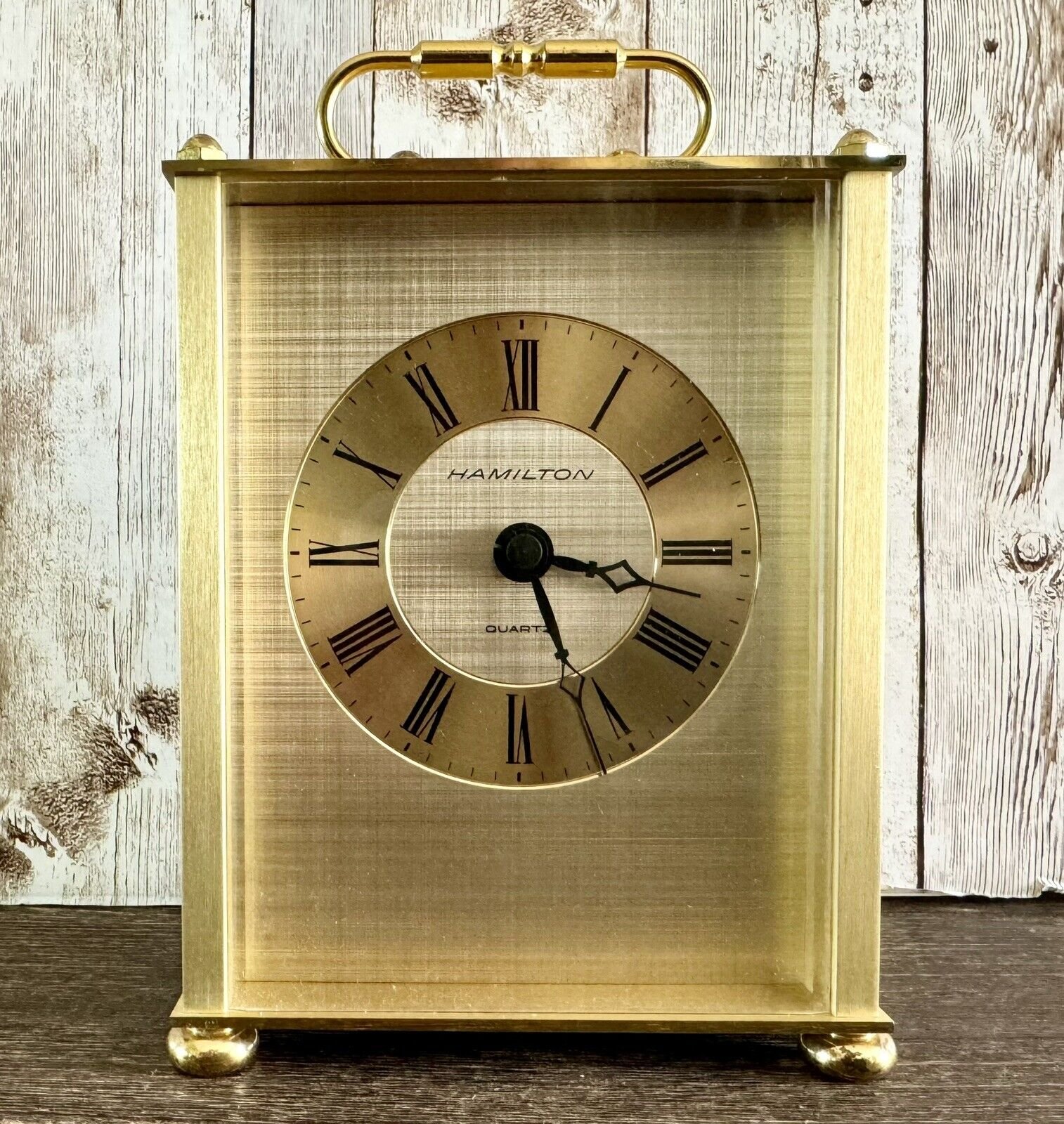 Vintage Hamilton Germany Solid Brass Quartz Carriage Desk Clock #670399 - WORKS