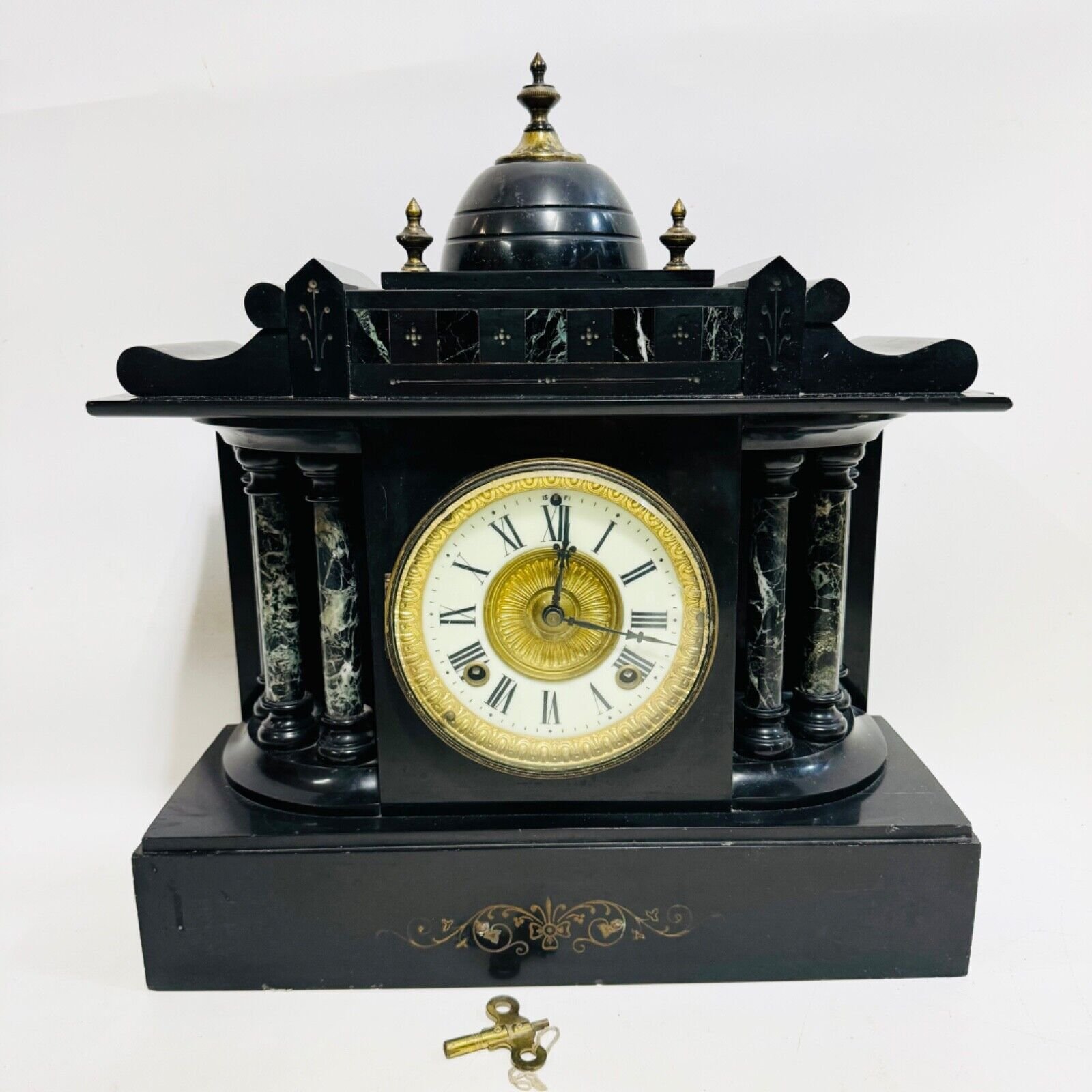 Vintage LARGE ! Ansonia Black Slate Mantle Clock