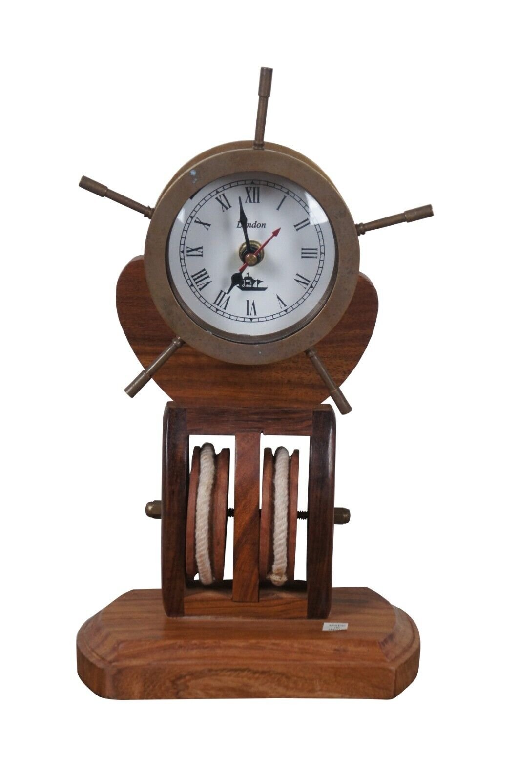 Vintage London Brass Nautical Maritime Ships Wheel Pulley Desk Clock 12"