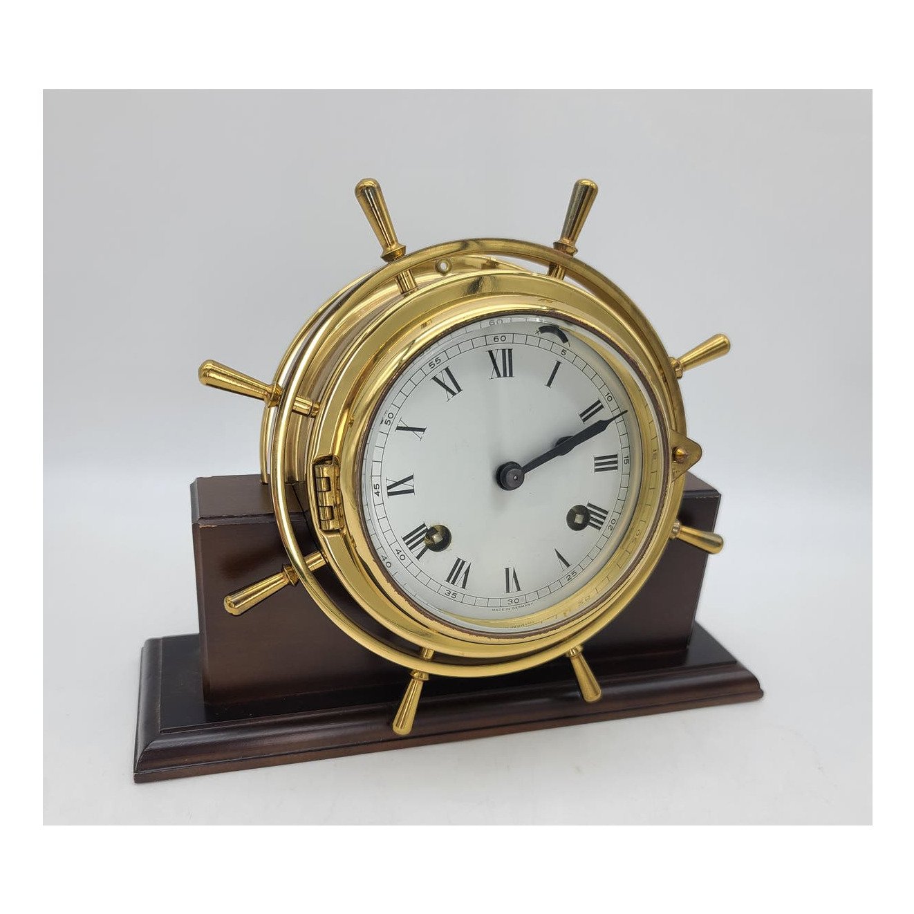 Vintage Maritime Brass Ships Wheel Desk Clock Wood Stand W Germany Needs Repair