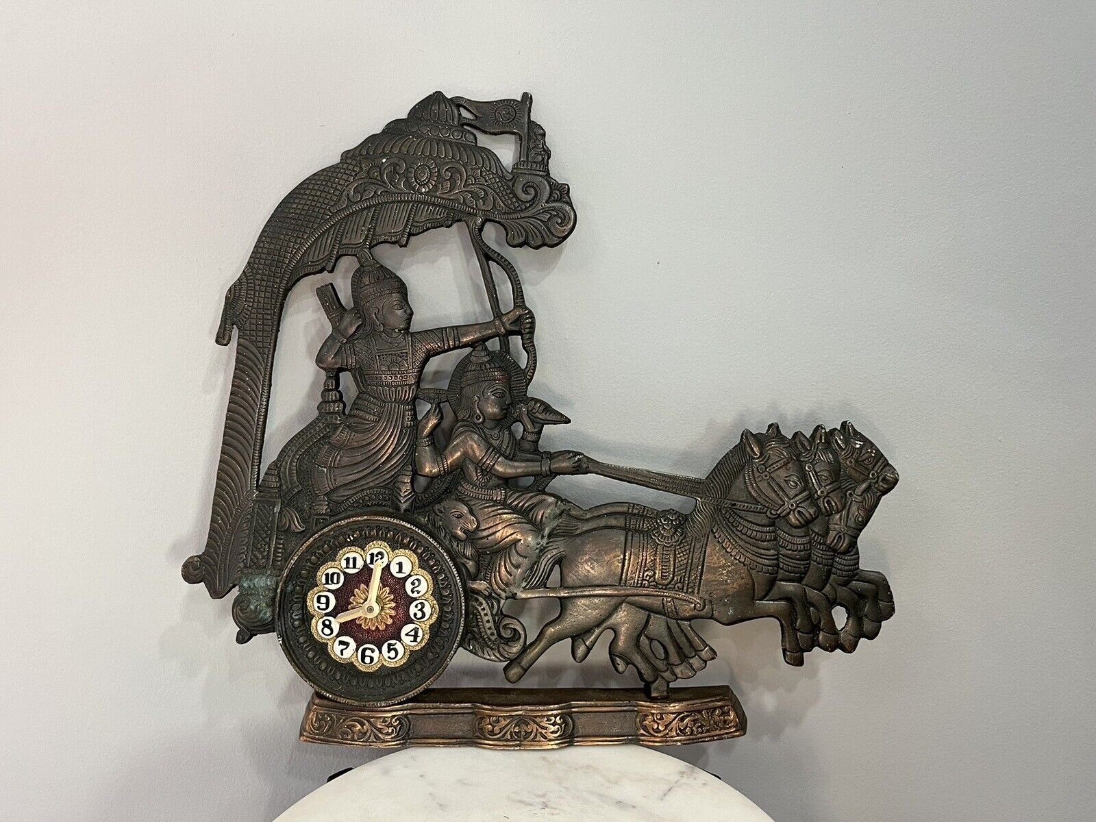 Vintage Metal Krishna & Arjun on Horse-drawn Chariot Ornate Wall Clock - Works