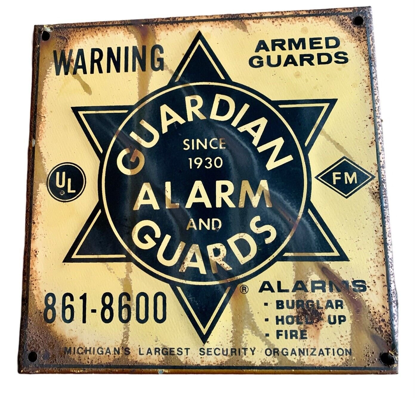 VINTAGE OHIO GUARDIANS ALARM & ARMED GUARDS COMPANY METAL 9.25"X9.25" SIGN