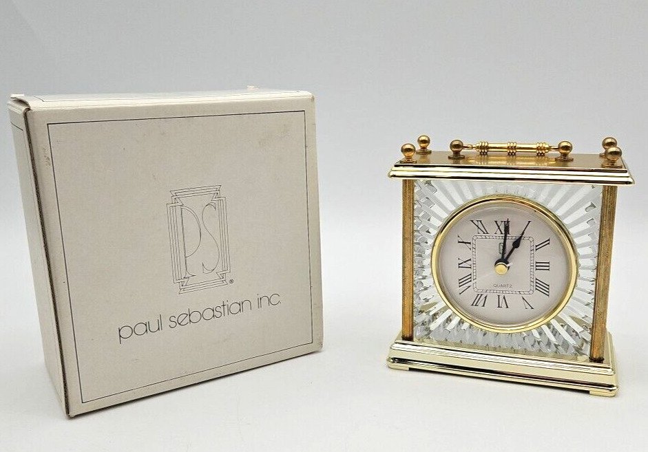 Vintage Paul Sebastian Carriage Mantel/Desk Clock Quartz Movement Brass & Glass