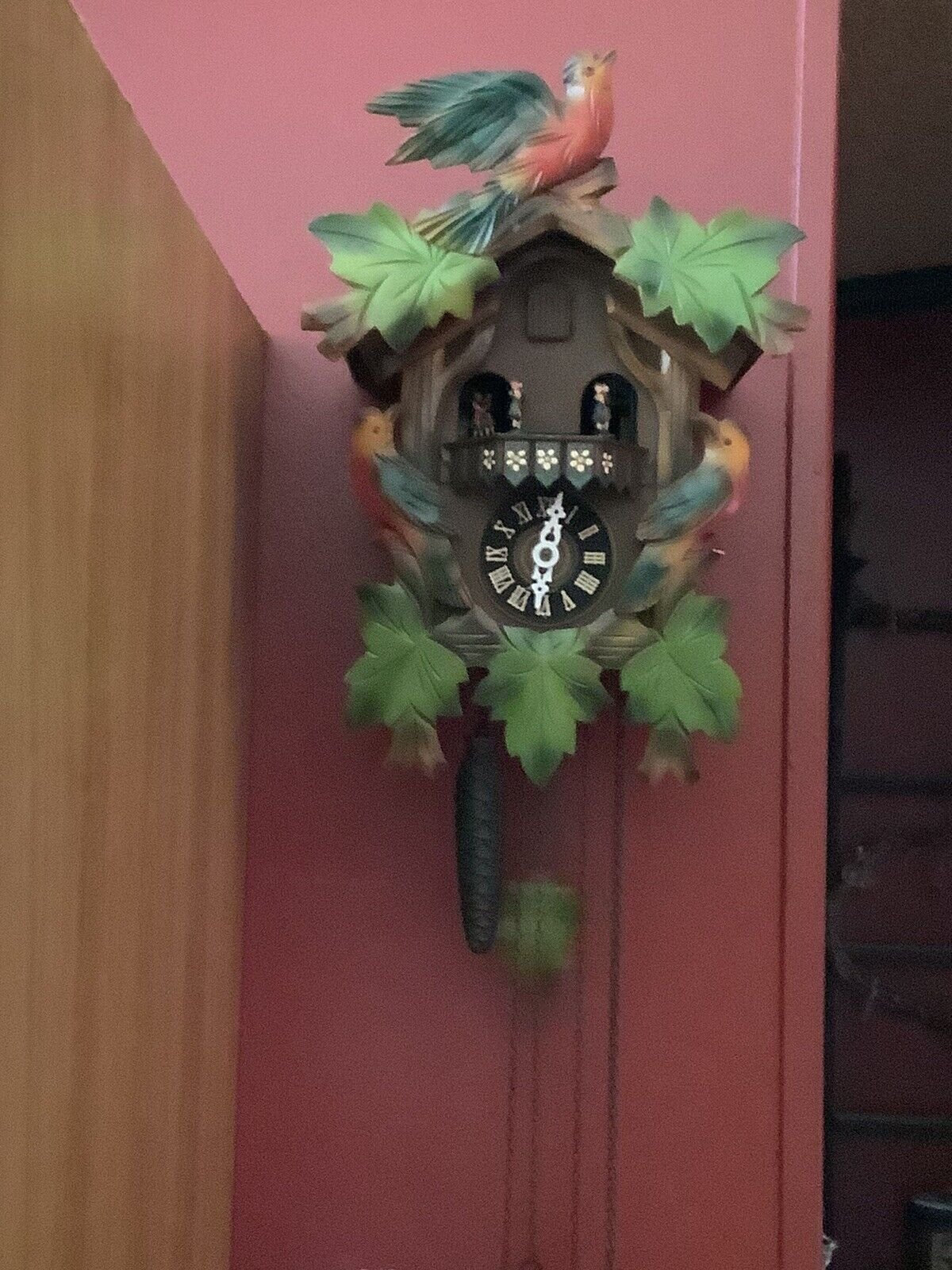 Vintage West Germany Cuckoo Clock Painted Birds & Leaves W/Dancers Works!