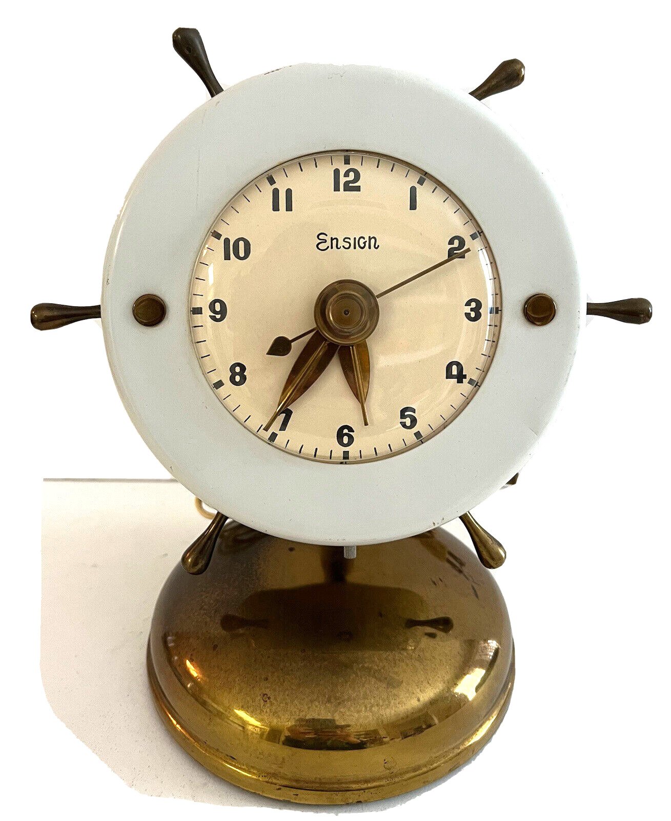 VTG Ensign Helm Ships Wheel Desk Clock Brass & Metal Working 9"