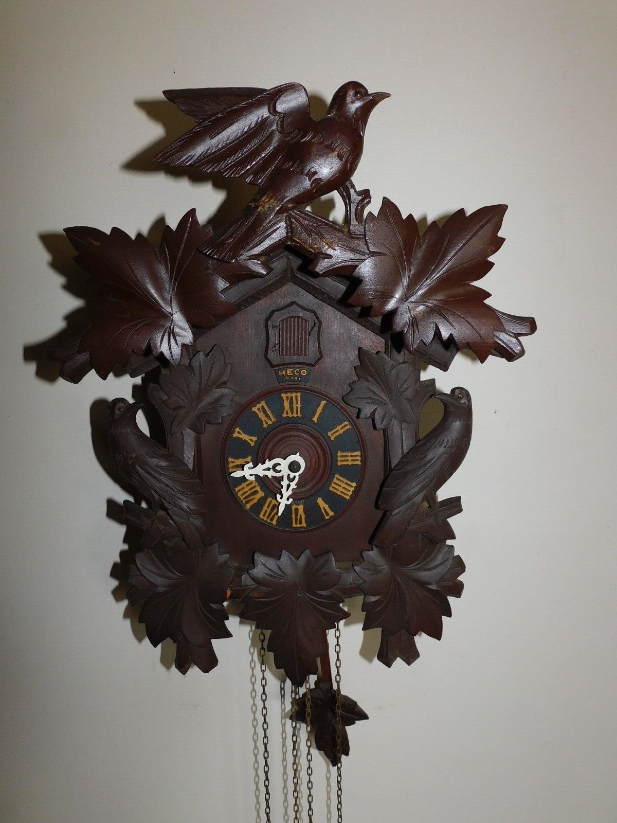 VTG HENRY COEHLER GERMANY BLACK FOREST8 DAY BIRDS & LEAVES CUCKOO CLOCK , WORKS