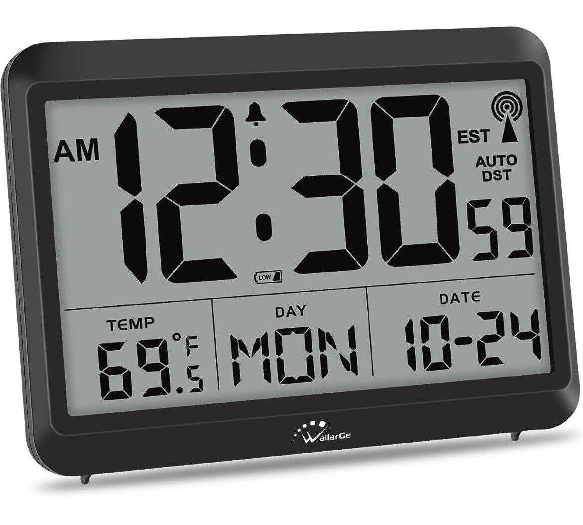 WallarGe Atomic Clock with Indoor Temperature, Self-Setting Digital With Seconds
