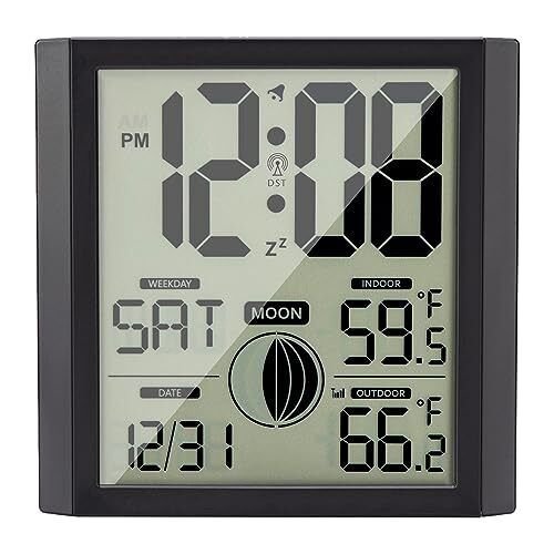 Wall Clock- Atomic Clock with Indoor Outdoor Temperature Digital Wall Black