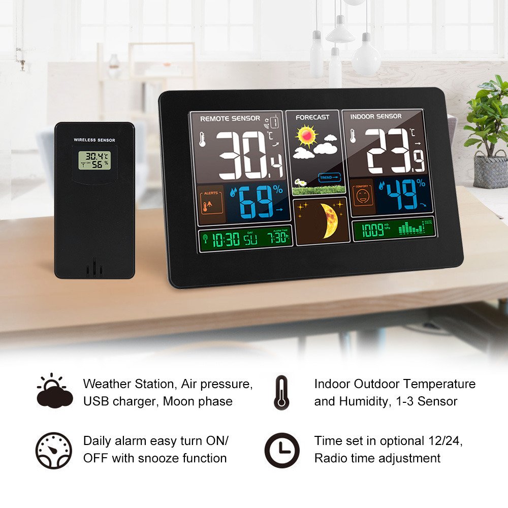 Weather Station Wireless Indoor Outdoor Temp Humidity Sensor Atomic Alarm Clock