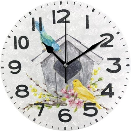 Wellsay Birdhouse Couple Bird Round Wall Clock, 9.5 Inch Battery Operated Quartz Analog Quiet Desk Clock for Home,Office,School,Kitchen