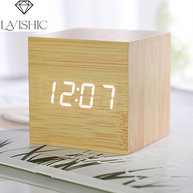 Wooden Digital Alarm Clock Temperature Cube, Art Ornaments, Decoration Supplies