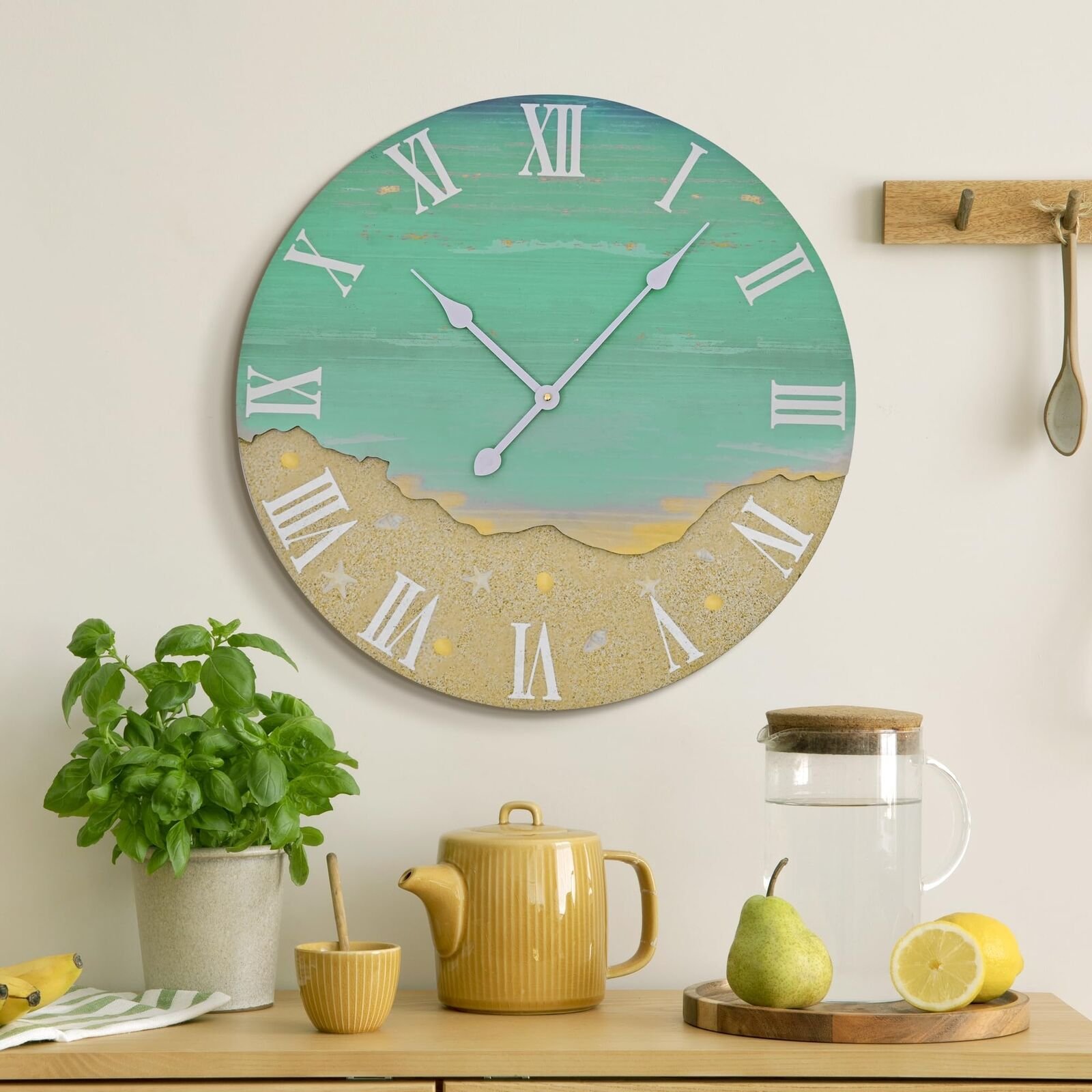 Wooden Round Wall Clocks with Ocean Wave Sea Beach Battery Operated Non-Ticki...