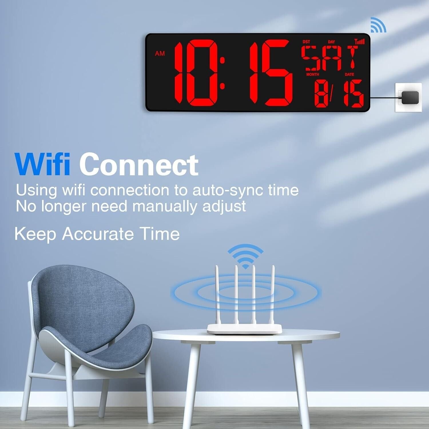 XREXS Large Digital Wall Clock WiFi Sync, 16.5 in Large Display Wall Clock wi...